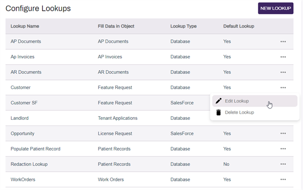 Lookups page edit menu.