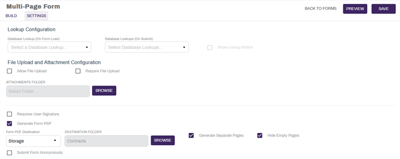 Multiple page form settings.