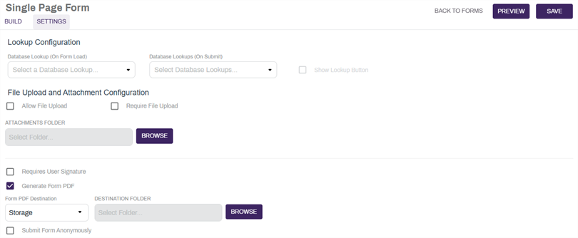 Single page form settings.