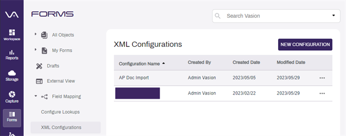 XML Configurations page in the Forms App.