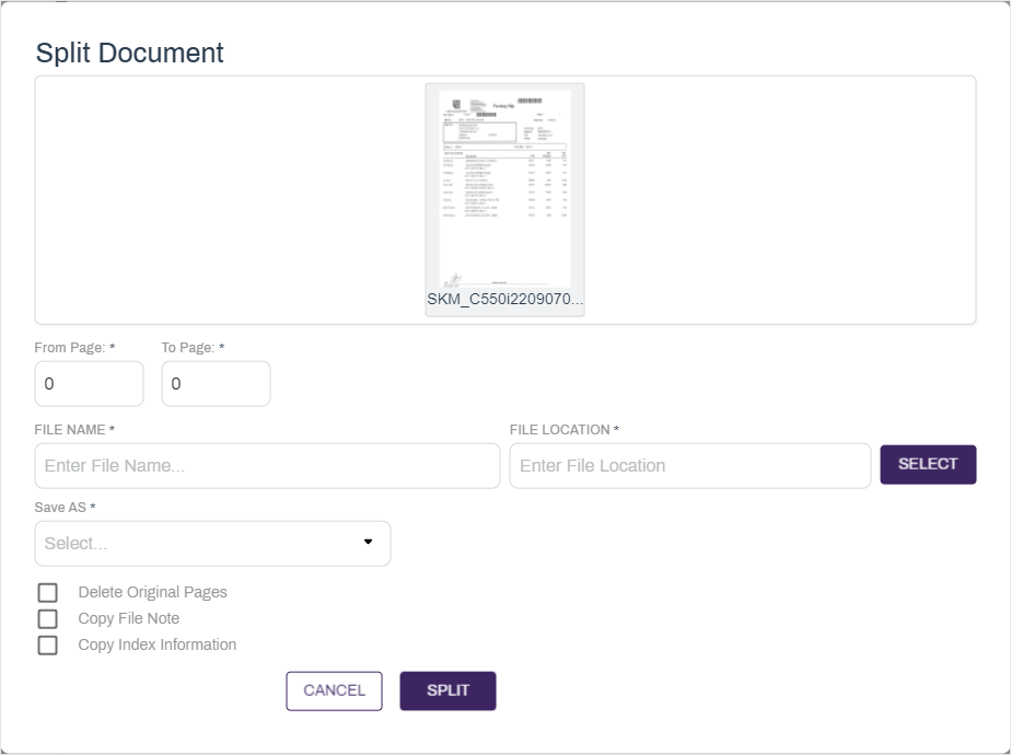 Split document option.
