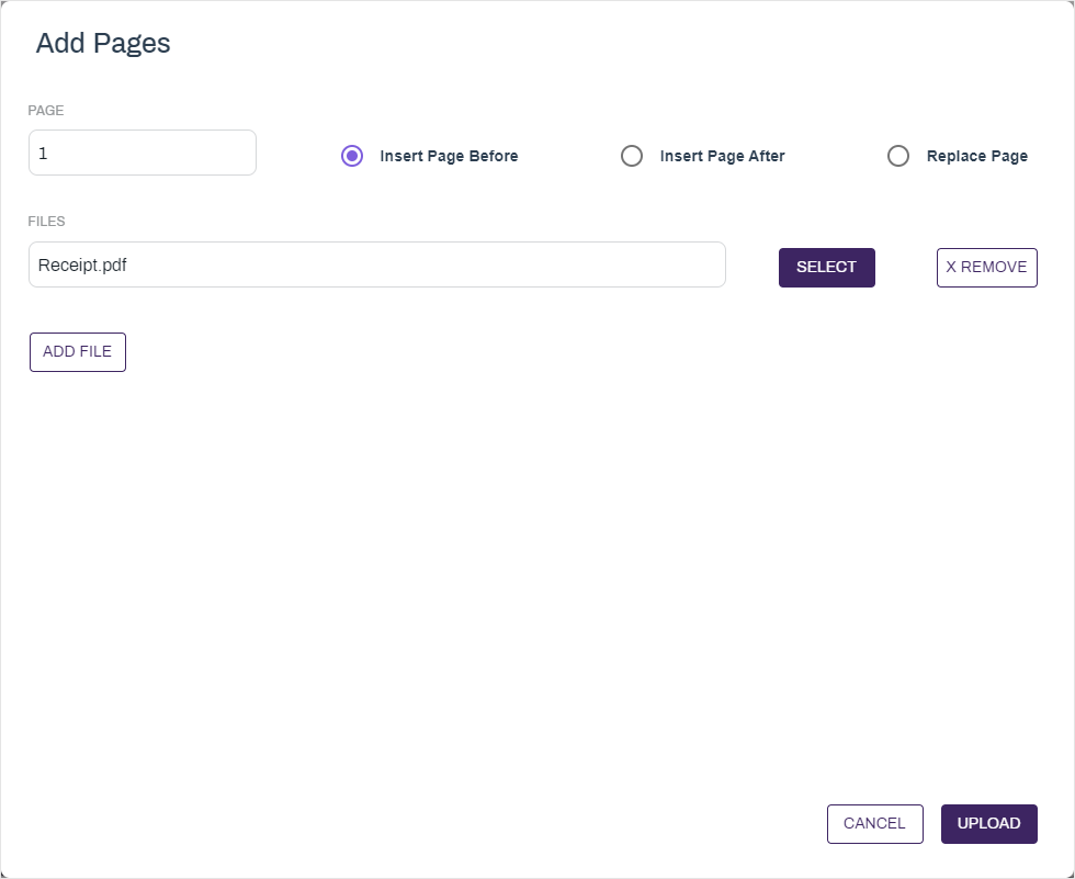 Add Pages modal showing multiple files.