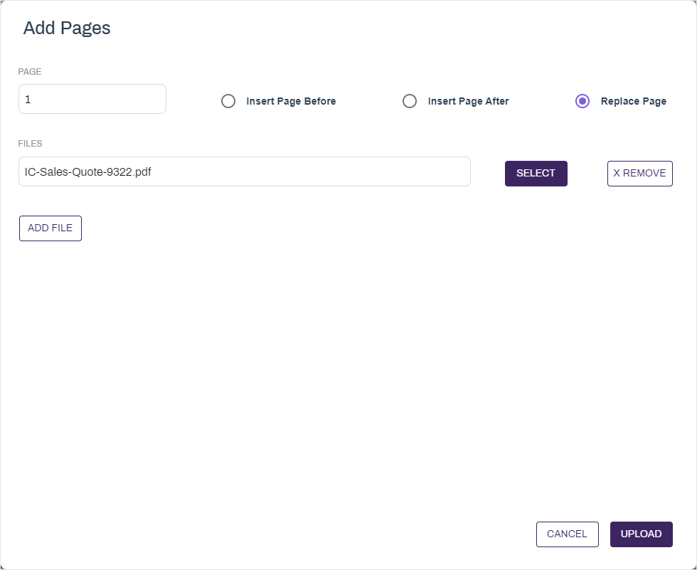 Add pages replace page option.