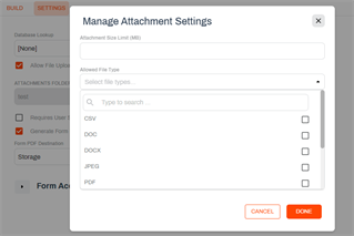 Manage attachment settings modal