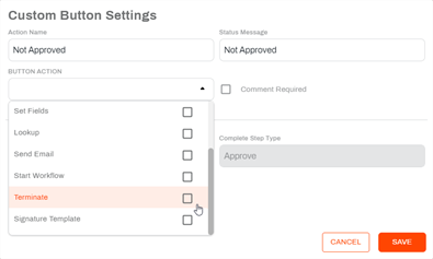 Terminate option in custom button settings