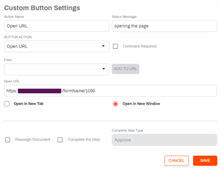 Custom button settings modal with Open URL option