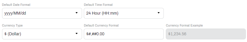Date and currency format system settings section.