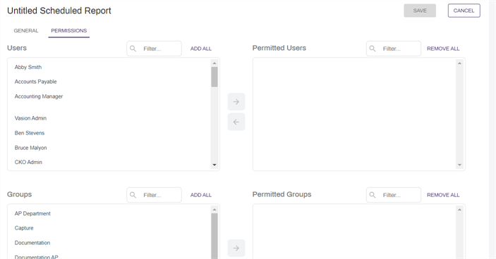 Scheduled report permissions configuration.