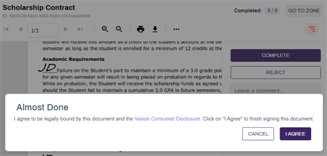 Signatoy agreement to be legally bound and the Vasion Consumer Disclosure terms.