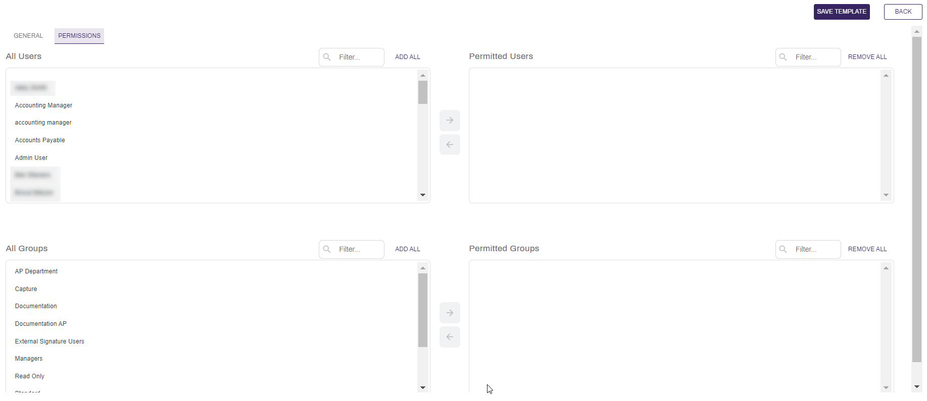 Template permissions page.