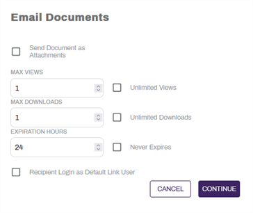 "Email Documents" send document link modal.
