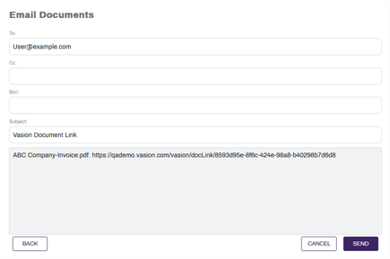 "Email Documents" recipient and message modal.