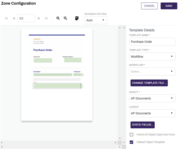 Edit document template zone configuration.