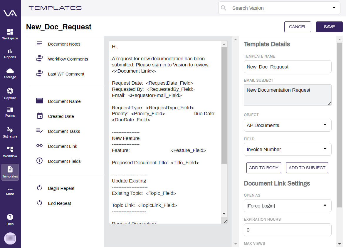 Document template configuration options.