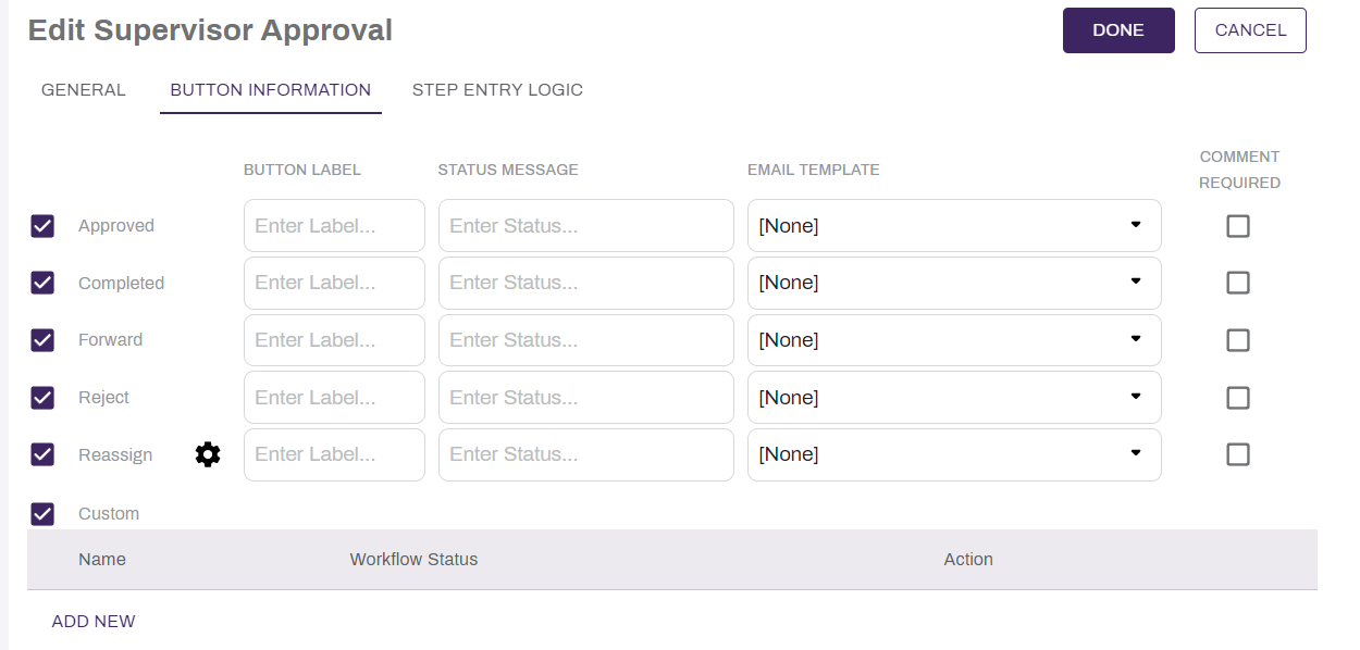 Workflow step button configuration.