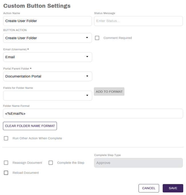 Create User Folder Custom Button Configuration.