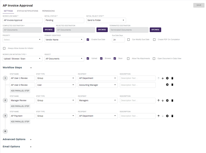 Workflow configuration page.