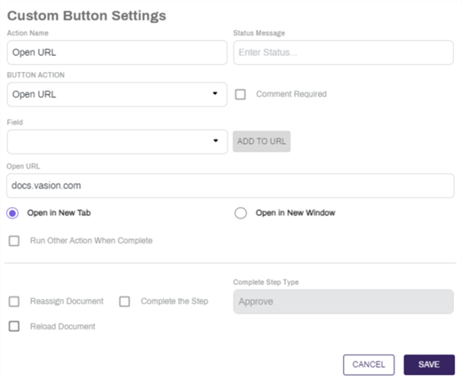 Open URL Custom Button Configuration.