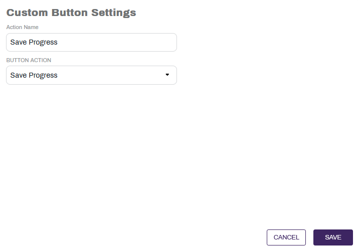 Custom Buton Settings modal with Save Progress option selected.