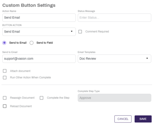 Send Email Custom Button Configuration.