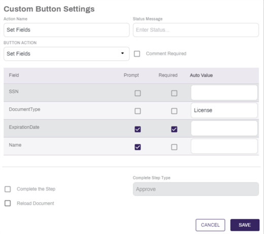 Set Fields Custom Button Configuration.