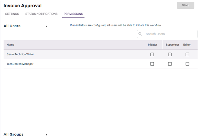 Workflow permissions users selection.