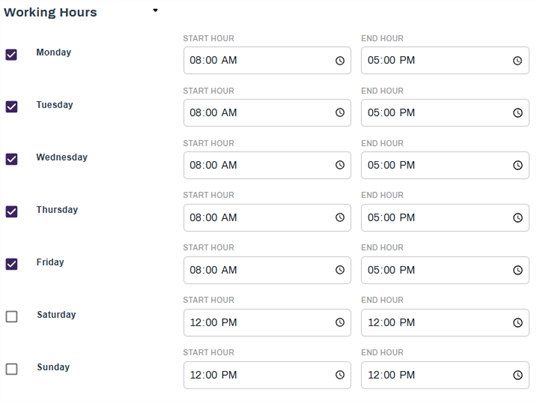 Working hours settings.