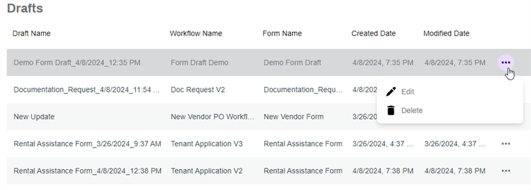 Workflow draft action options.