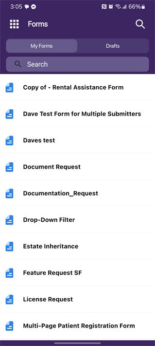 Forms  screen