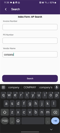 Search parameter fields screen with keyboard.