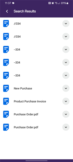 Object search results screen.