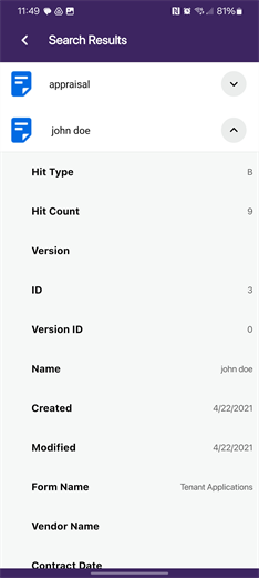 Search results screen showing a record expanded to display details.