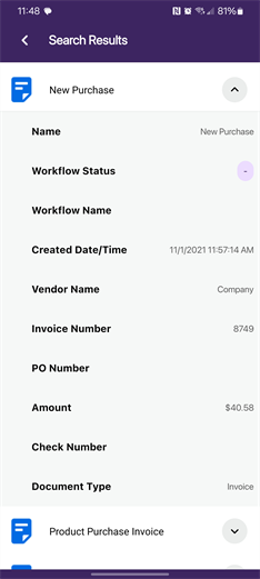 Search resutls screen with one record expanded to see details.