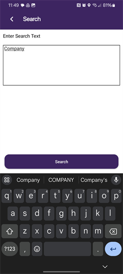 Term entered into the text field and keyboard display.