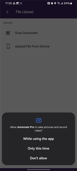 Photo and media permissions modal.