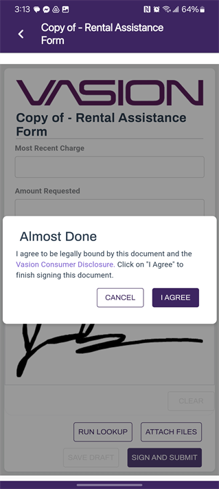 Terms of use agreement screen