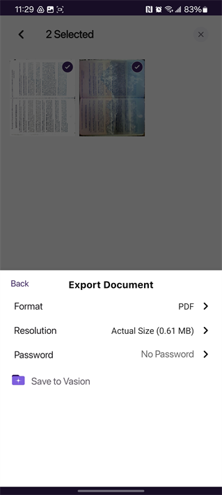 Export Document screen