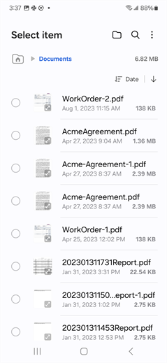 Recent files screen