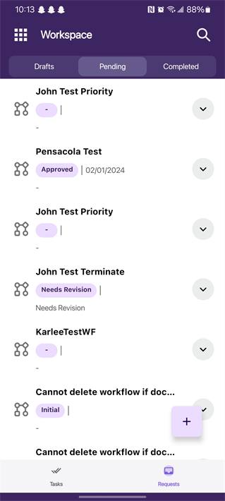 Workspace Requests screen