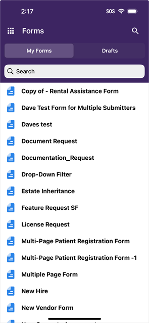 Forms screen
