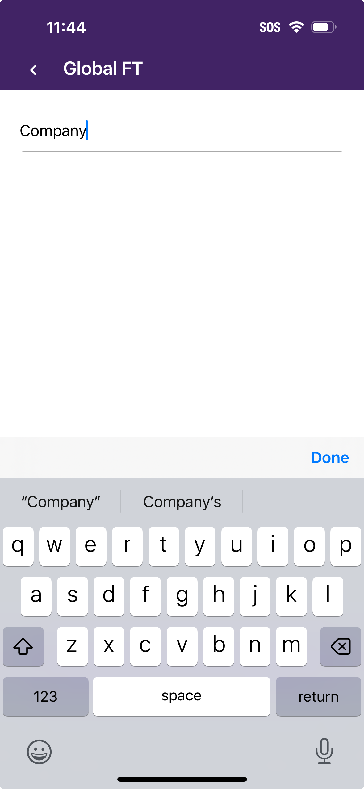 Term entered into the text field and keyboard display.