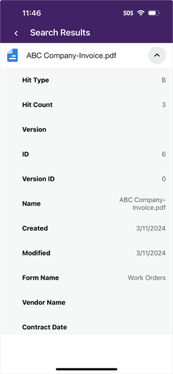 Search results screen showing a record expanded to display details.