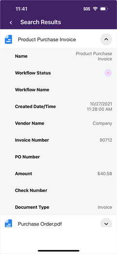 Search resutls screen with one record expanded to see details.