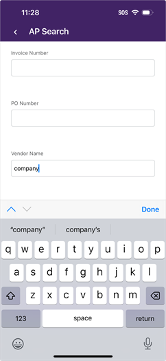 Search parameter fields screen with keyboard.