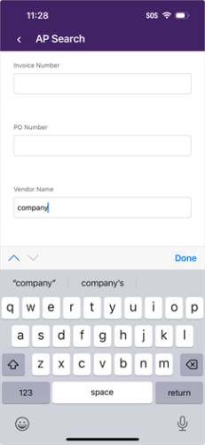 Search parameter fields screen with keyboard.
