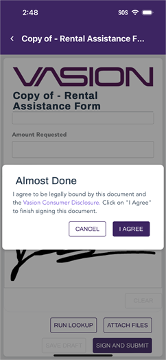 Terms of use Agreement screen