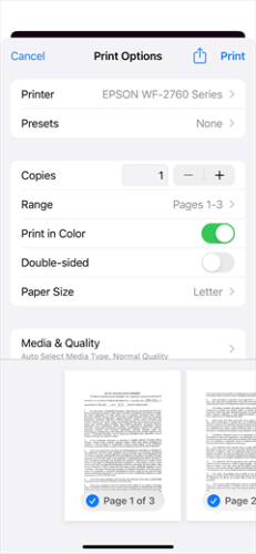 Printer Options screen - iOS