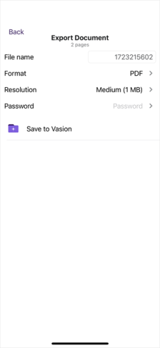 Export Document screen
