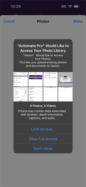 App photo permission screen - iOS