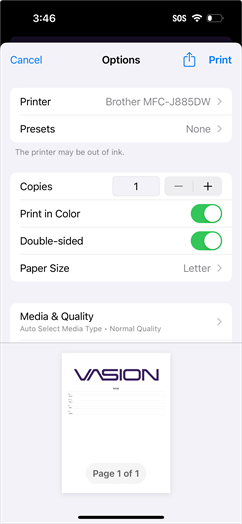 Printer Options screen